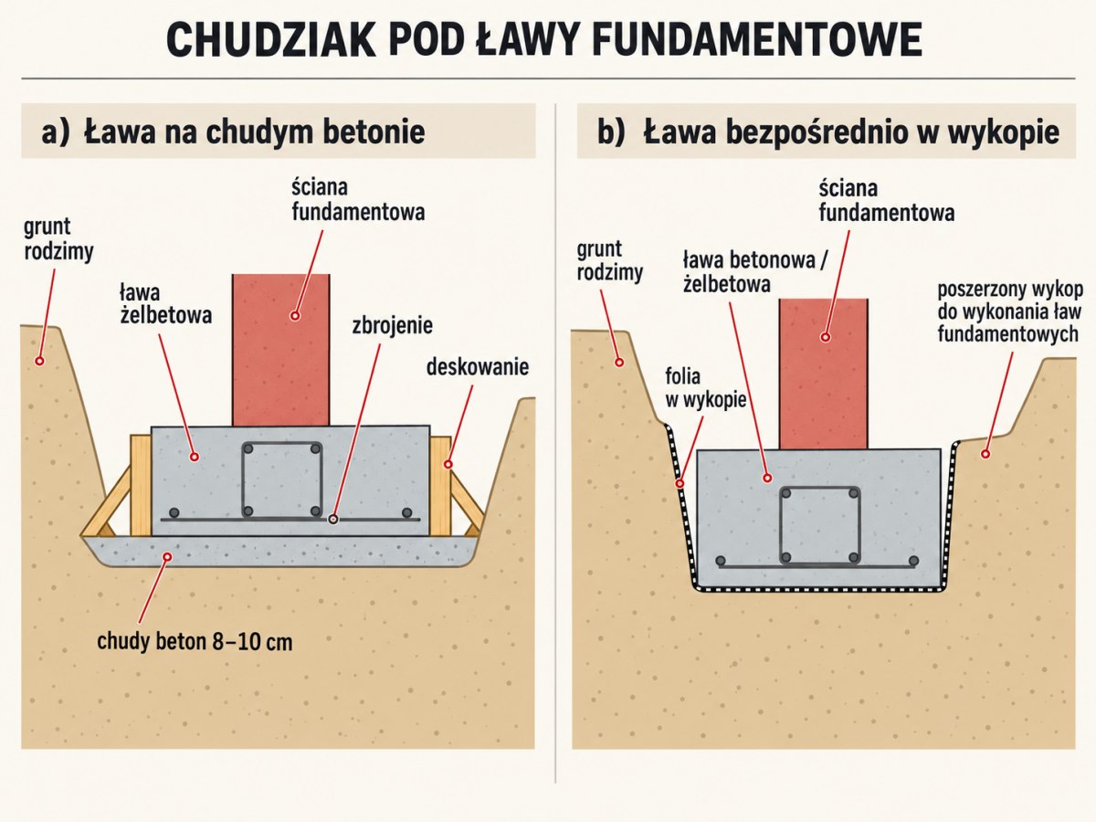 schemat poprawnego wykonania podkładu z chudego betonu pod ławami fundamentowymi